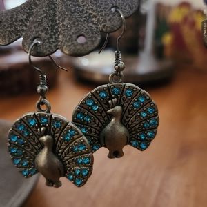 Vintage Teal Rhinestone Peacock Pierced Earrings